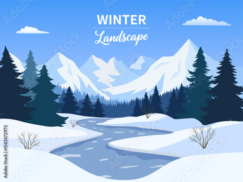 Winter snowy mountains view, snowy mountains forest view with blue sky, pine trees, river
