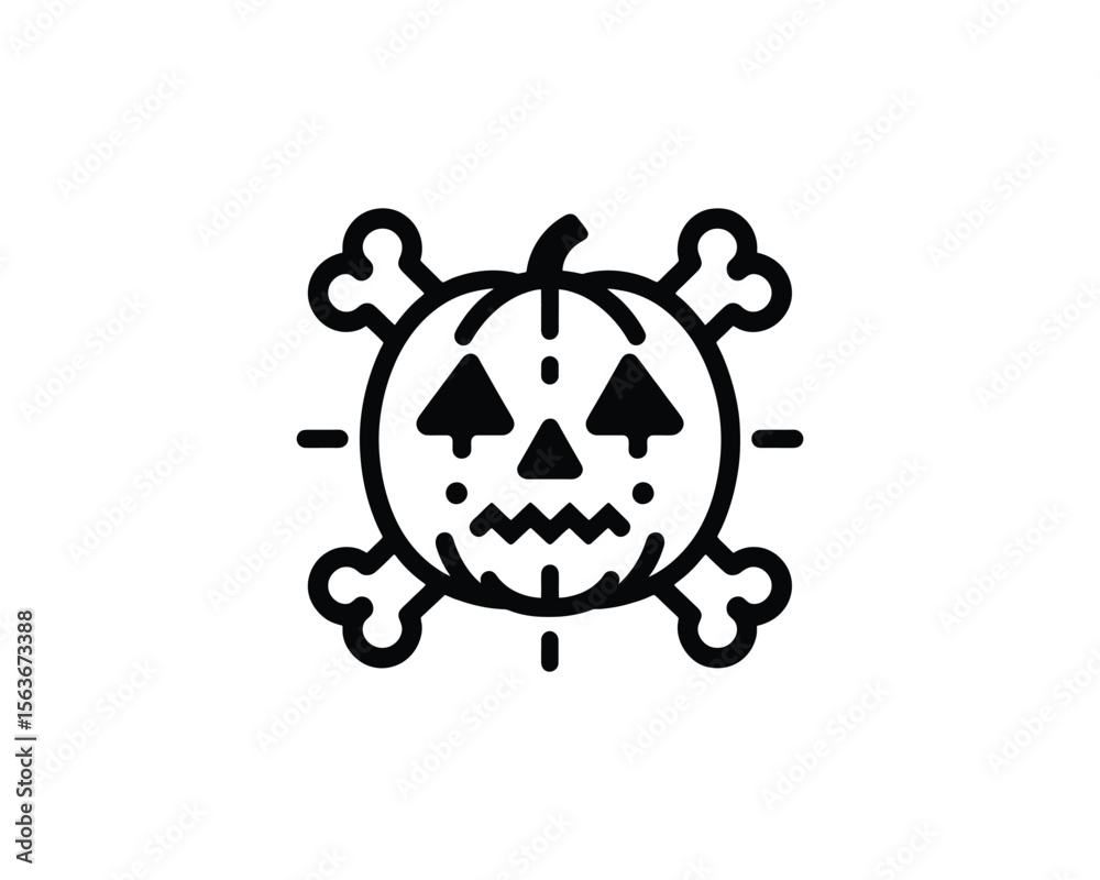 Fototapeta premium Halloween pumpkin with crossbones icon in black and white