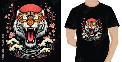 Roaring Tiger with Cherry Blossoms and Red Sun T Shirt Design Illustration