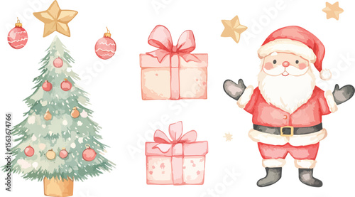 Watercolor Christmas Illustration with Santa Claus Christmas Tree Gifts and Stars on White Background