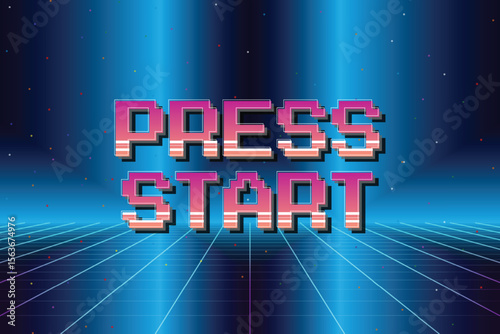 PRESS START. pixel art .8 bit game. retro game. for game assets .Retro Futurism Sci-Fi Background. glowing neon grid. and stars from vintage arcade computer games