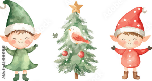 Watercolor Christmas Illustration with Elves and Decorated Tree for Festive Holiday Designs and Backgrounds
