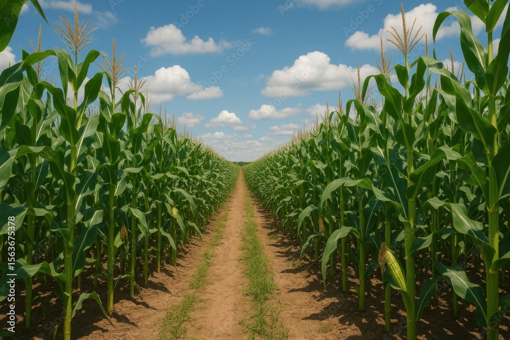 Naklejka premium Lush cornfield under blue sky.