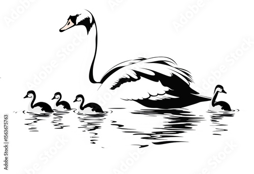 A beautiful painting of a family of swans in a natural river.