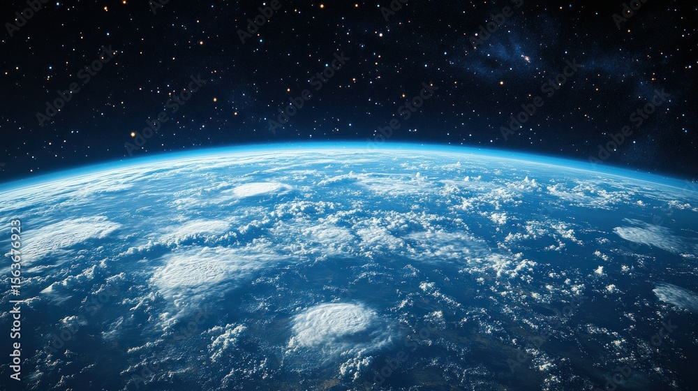 Fototapeta premium Earth view blue planet, white clouds, dark starry space