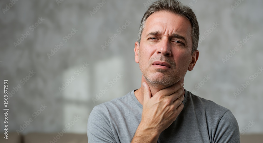 Naklejka premium Man experiencing discomfort, clutching his throat, displays a pained expression and worried gaze.