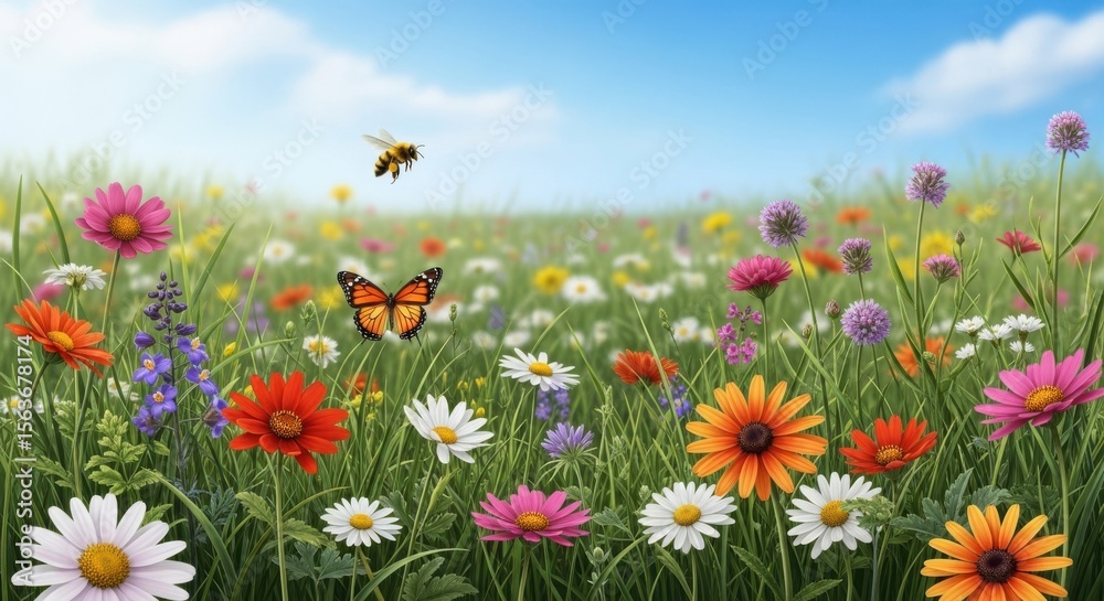 Obraz premium Vibrant Meadow with Butterflies and Bees in Bloom