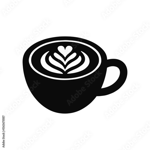 ラテアート入りカフェラテのシルエットアイコン｜Latte Art Coffee Silhouette Icon