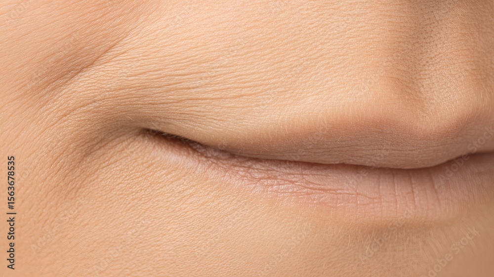 Fototapeta premium Close-up of a human mouth with subtle smile, showcasing smooth skin texture and natural lip contours, conveying warmth and approachability in a serene atmosphere