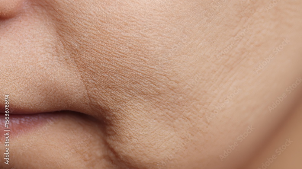 Obraz premium Close-up of textured skin on a cheek, showcasing natural features and subtle imperfections, highlighting the beauty of aging and skin health in a soft light environment