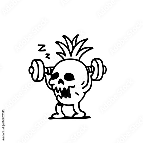 A cartoon pineapple skull character with a sleepy expression is lifting weights