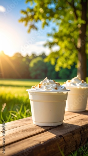 the image features two white cups filled with a soft, swirled topping and sprinkled with small pieces of something golden, resting on a weathered wooden surface