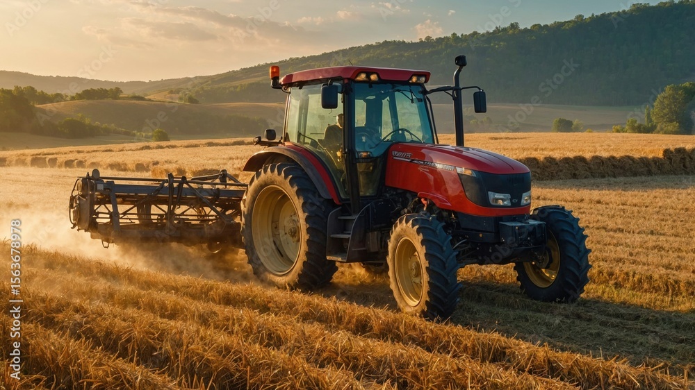 Fototapeta premium A red tractor working through golden fields at sunset, spreading dust as it prepares the land for harvest, showcasing the hardworking nature of modern farming and rural life