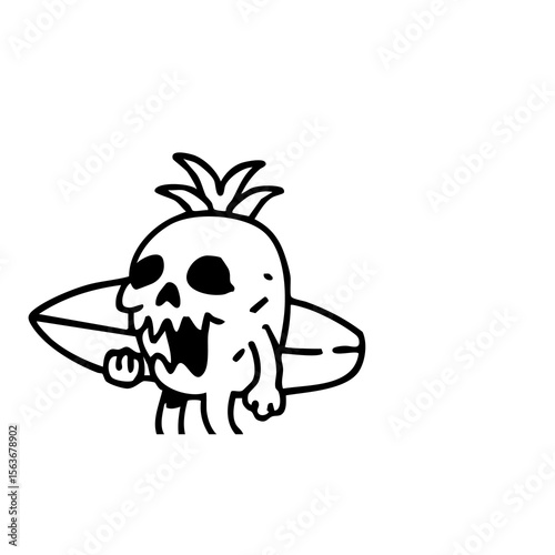 A cartoon skull shaped like a pineapple, holding a surfboard