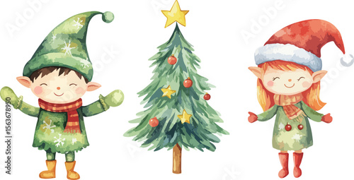 Watercolor Illustration of Two Christmas Elves and a Decorated Christmas Tree on White Background