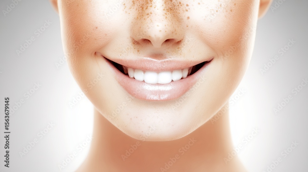 Obraz premium Smiling woman with freckles showcases bright teeth and radiant skin, illuminated by soft lighting, conveying joy and confidence in a close-up portrait