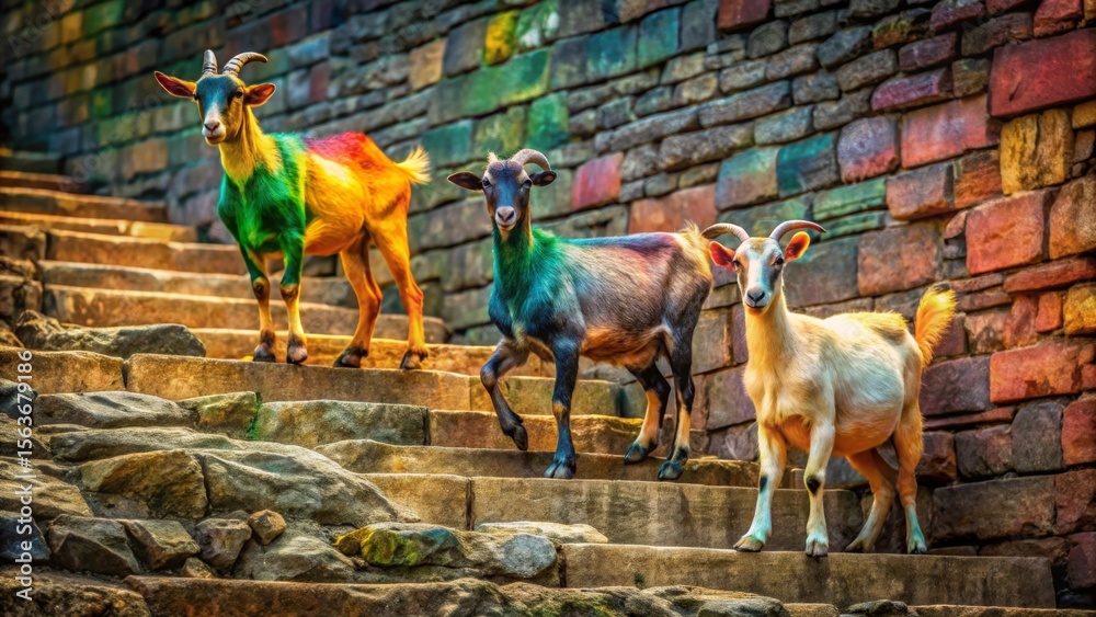 Naklejka premium Three vibrant goats ascend a stone staircase against a rustic wall.