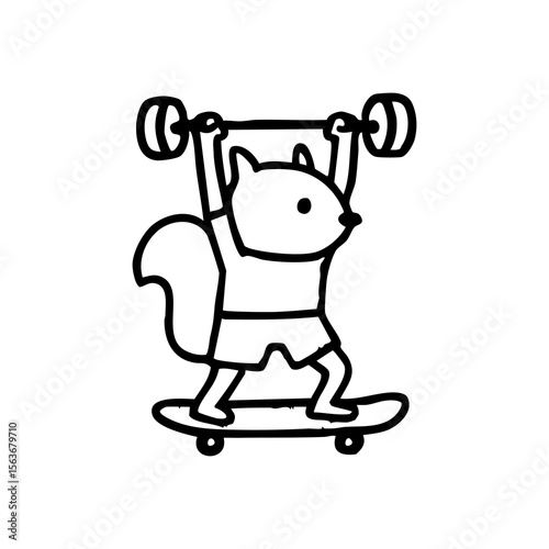 A squirrel character lifting weights while skateboarding