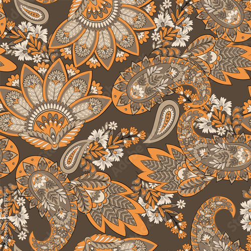 Paisley vector seamless design flowers and leaves in a batik-inspired style. Vintage fabric backdrop
