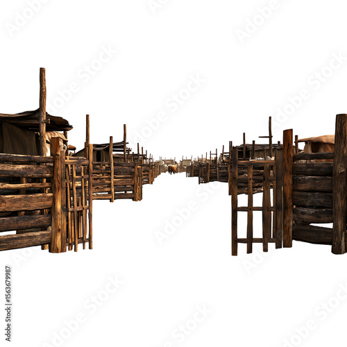 Rustic wooden fence runs along a weathered, rural village, offering a glimpse into a simple country life set against a dark background.