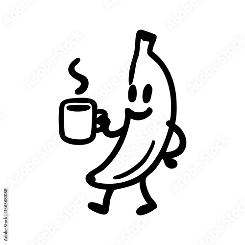 A banana character holding a cup of steaming hot beverage