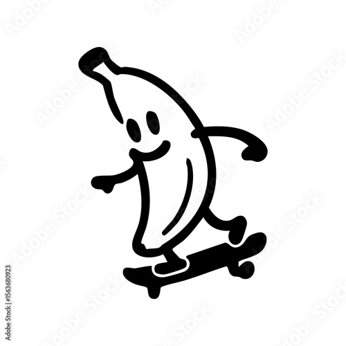 A stylized banana character riding a skateboard
