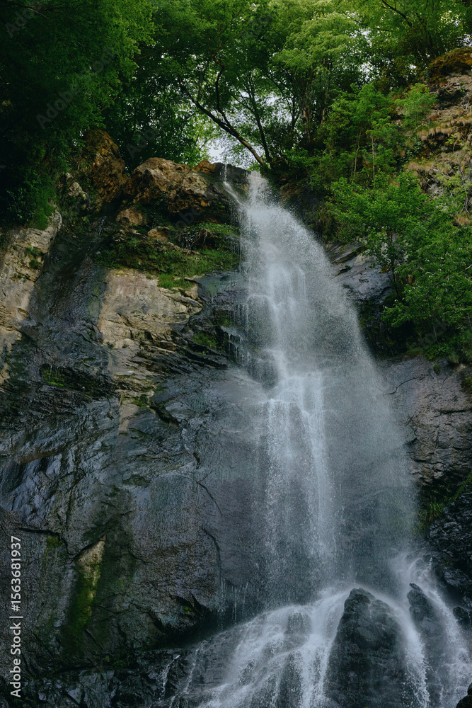 Obraz premium waterfall cascading down rocky cliff surrounded by lush green trees, natural outdoor scene with flowing water and vibrant foliage in daylight
