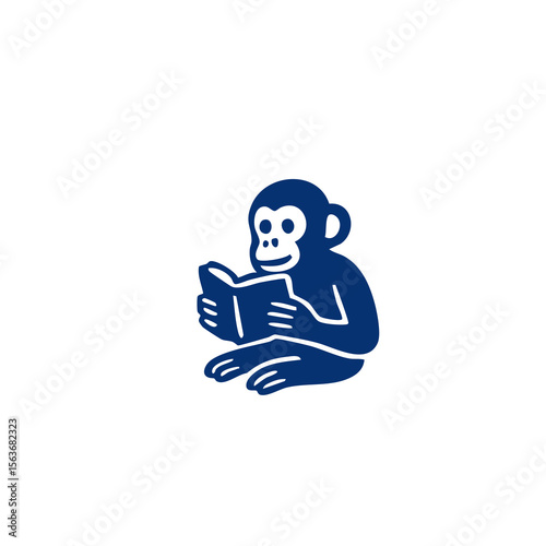 A stylized, dark blue monkey sitting and holding an open book