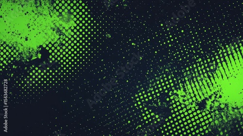 Neon halftone green splashes and dots electrify a dark background creating a bold high-contrast grunge aesthetic ideal for banners