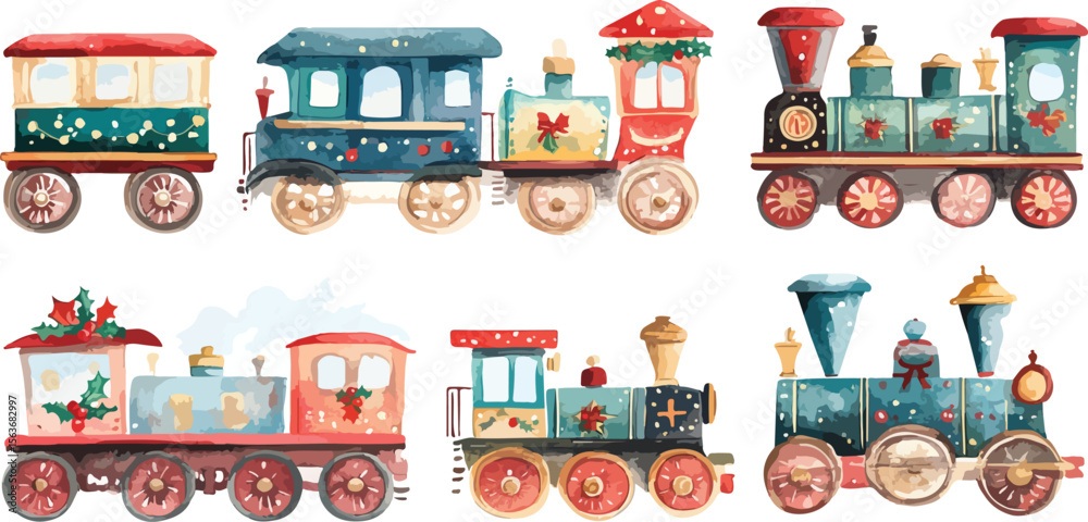 Obraz premium Watercolor Illustration of Six Festive Christmas Trains on a White Background Holiday Season Decorations