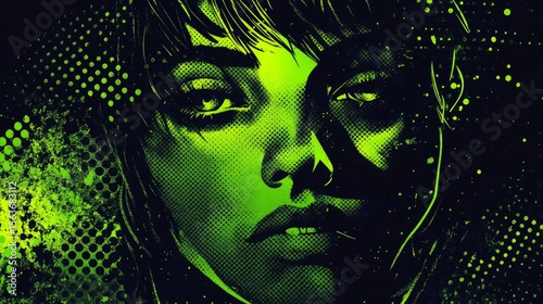Neon halftone green splashes and dots electrify a dark background creating a bold high-contrast grunge aesthetic ideal for banners