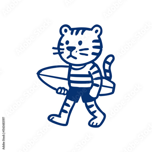 A tiger wearing striped shorts, carrying a surfboard
