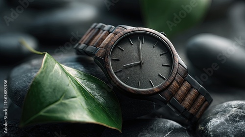 Wallpaper Mural A close-up of a luxury watch made from recycled metal and a sustainable wooden strap. Torontodigital.ca