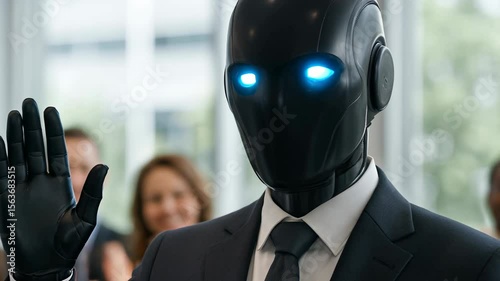 A humanoid robot in a suit being applauded by human colleagues in a modern office setting.