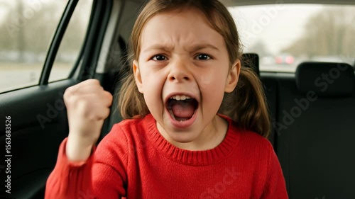 A child displaying intense emotions inside a car, portraying frustration and anger.