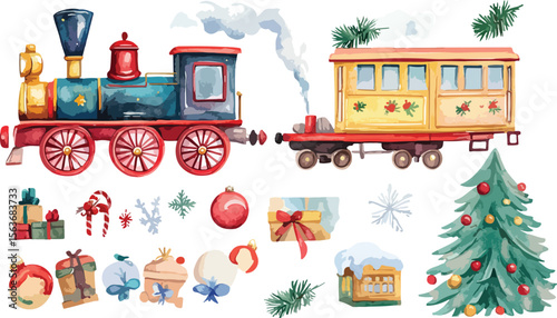 Watercolor Christmas Train with Ornaments Presents Candy Canes Tree and Snow Covered House on White Background