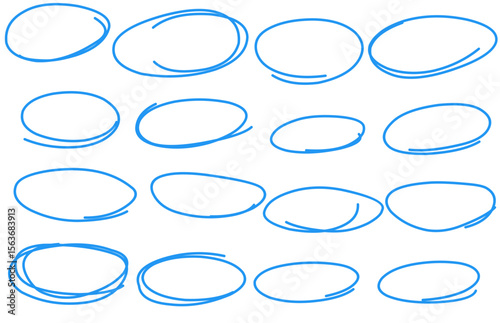 Collection of Blue Hand-Drawn Circle Outlines and Ellipses for Highlighting
