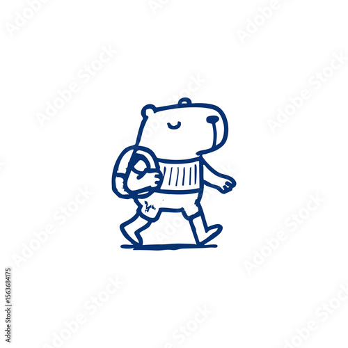 Simple line drawing of a capybara wearing swim shorts and carrying a life preserver