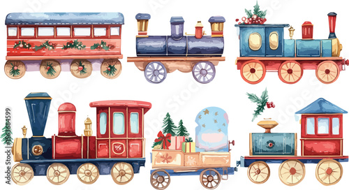 Watercolor Christmas Train Set Illustration with Holiday Decorations and Festive Elements on a White Background
