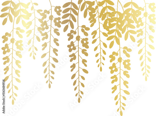 Golden Wisteria Cascade Vector Illustration A Decorative Element with Hanging Foliage for Elegant Designs and Ornamental Accents on Transparent Background