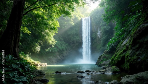 Hidden Tropical Waterfall in Summer Forest