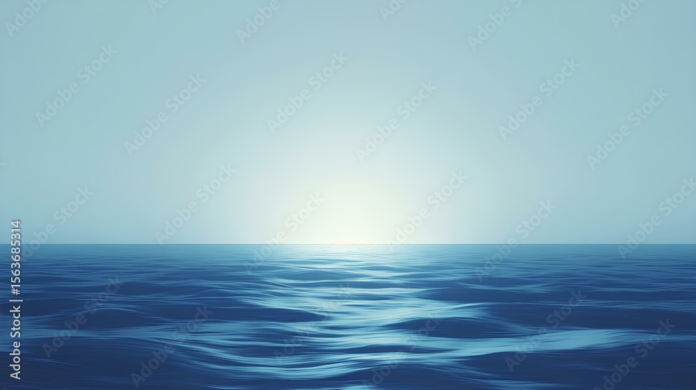 Fototapeta premium Tranquil Oceanic Vista: A serene scene of the vast open ocean, bathed in the soft glow of the sunlight reflecting on the water's surface. The image evokes feelings of peace and solitude.