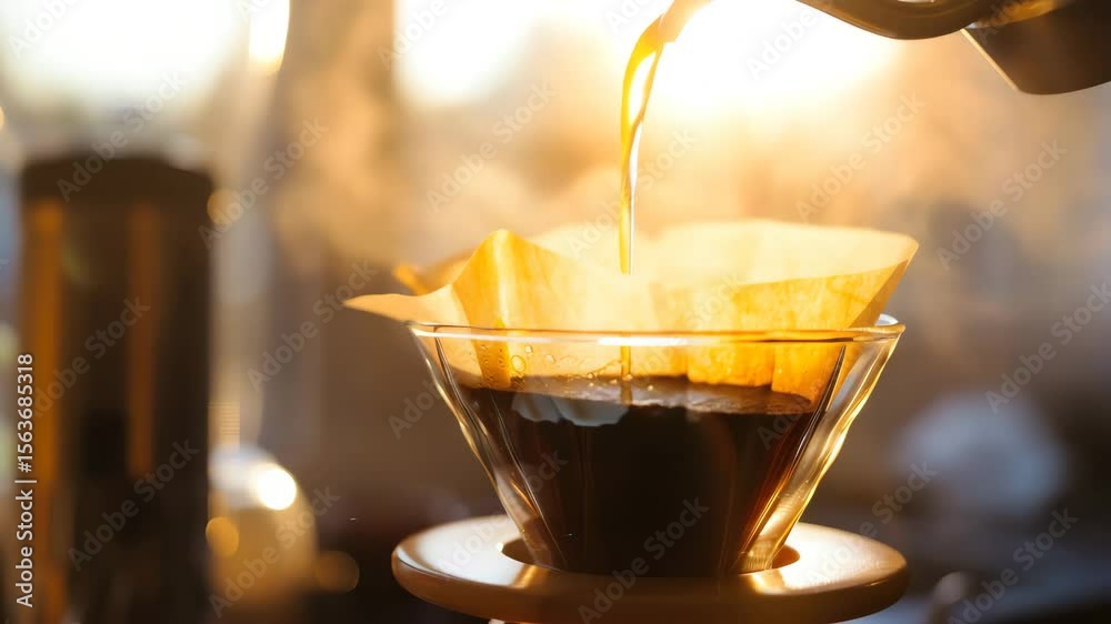 Freshly brewed coffee pouring into a filter.