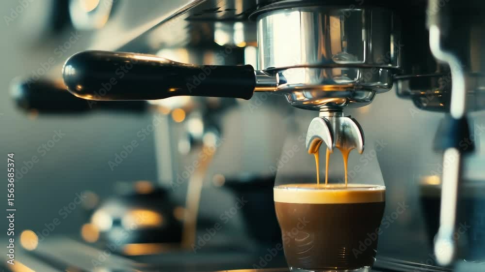 Fresh espresso being brewed in a coffee machine.