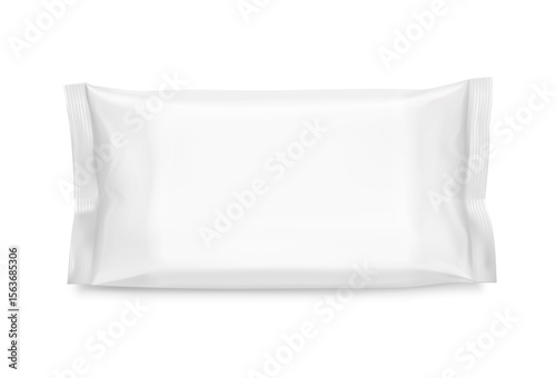 Realistic flow packaging mockup. Front view. Vector illustration isolated on white background. Can be use for your design, promo, adv and etc. EPS10.