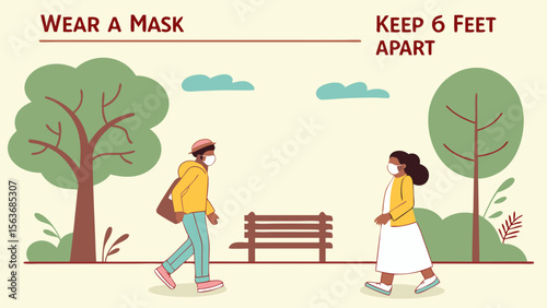 Public Health Safety Guidelines: People Wearing Masks and Social Distancing in a Park Illustration