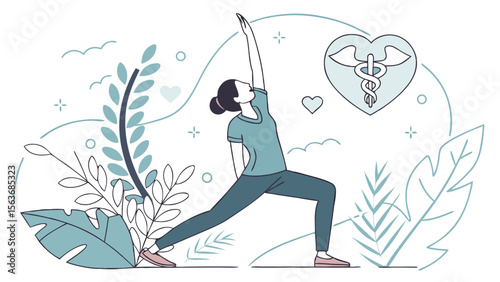 Yoga and Wellness Concept with Medical Symbol. Woman Practicing Exercise for Healthy Lifestyle.