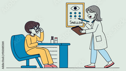 Optometrist conducting eye exam for patient with Snellen chart. Vision test, ophthalmology, and healthcare concept.