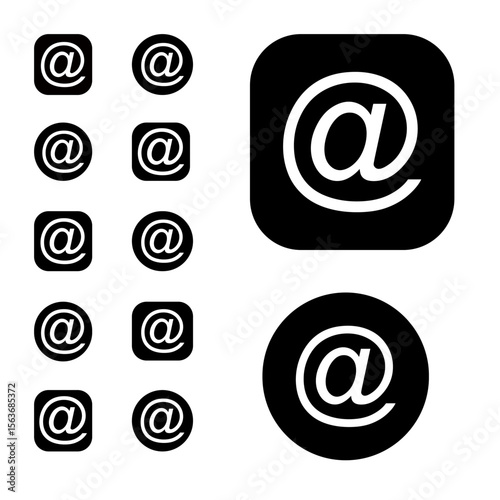 Set of Email Icons with @ Symbol Black and White Rounded Square and Circle Variants