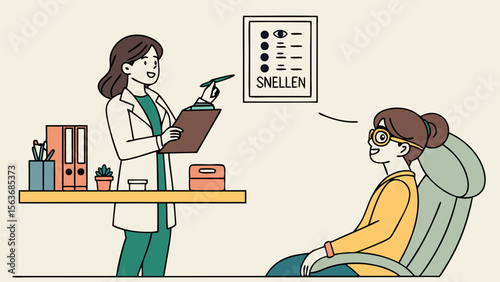 Ophthalmologist Consulting Patient for Eye Exam. Vision Test with Snellen Chart. Healthcare Illustration.